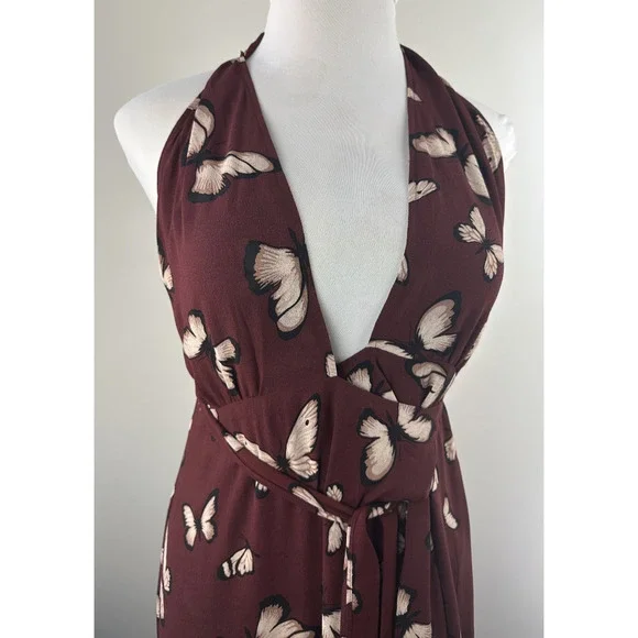 Reformation Johnson Dress Wrap Halter Tie Butterfly Print Burgundy Women's Large - Picture 6 of 15
